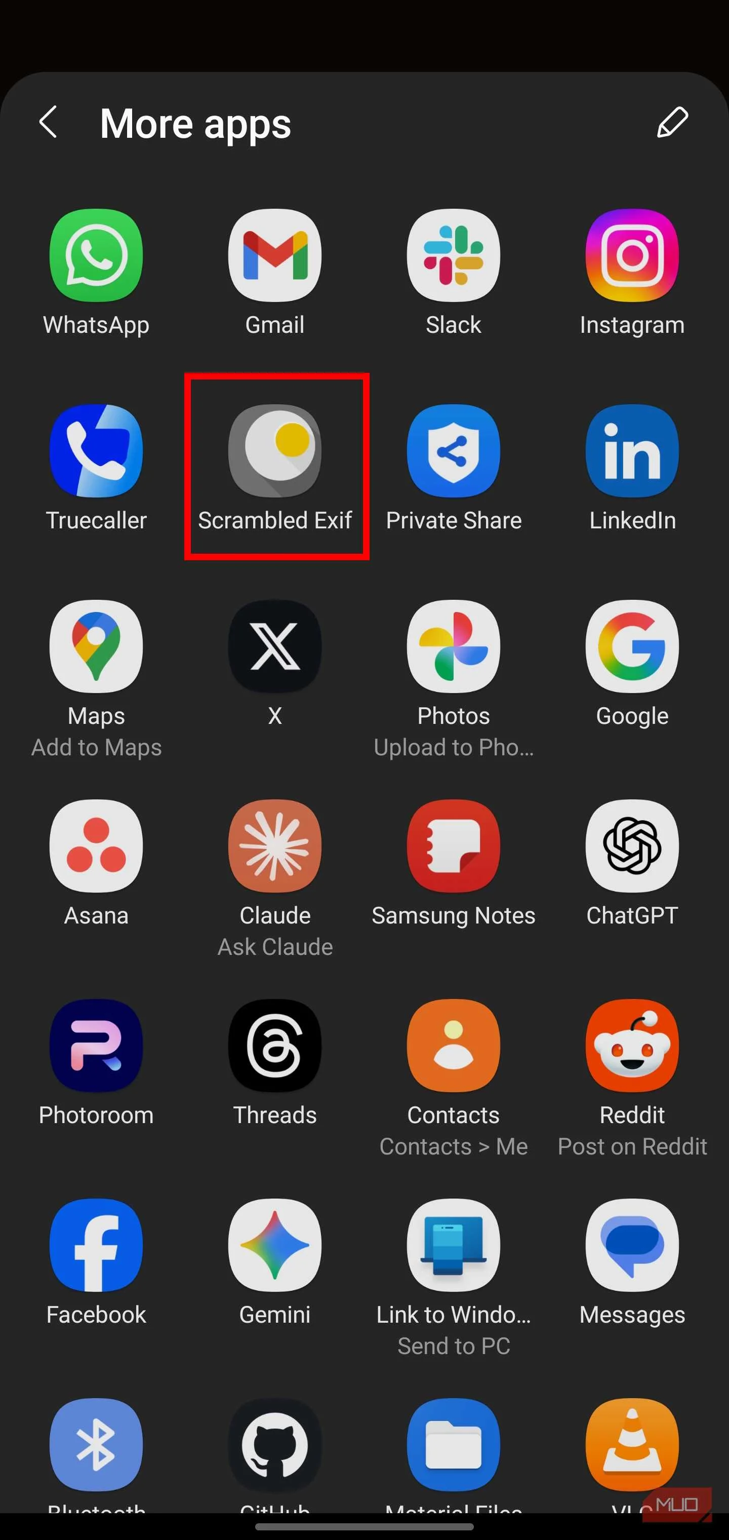 Android share menu displaying a grid of installed apps, including the Scrambled Exif application.