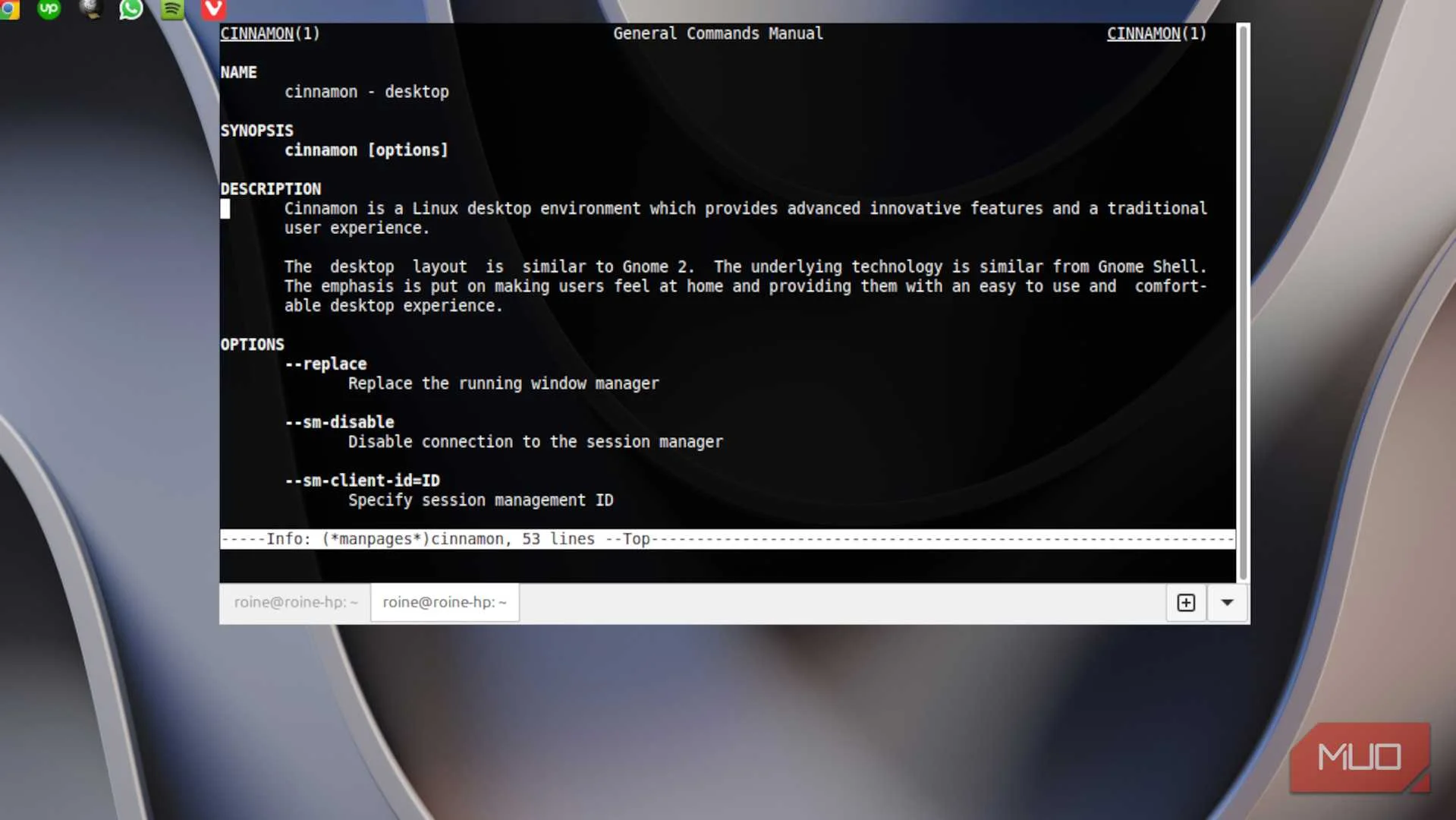 The cinnamon help section seen in a linux terminal