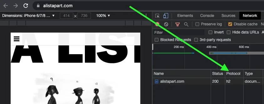 Chrome dev tools, Network tab filtered by document, Protocol column