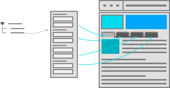 Illustration showing a data tree flowing into a formatted list, flowing into a navigation menu on a website