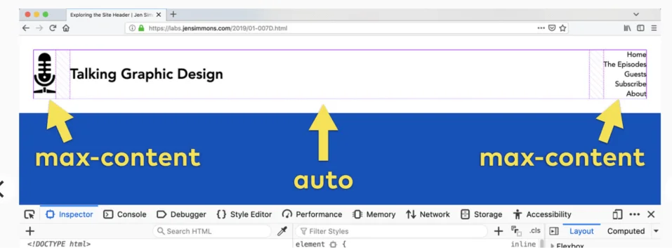 A slide from a presentation showing two boxes with max content and one with auto